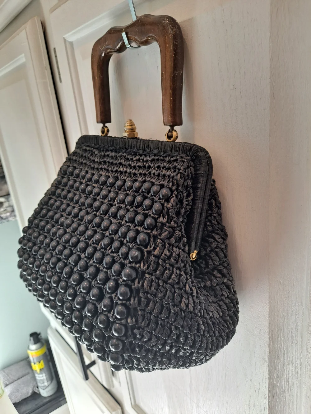 Bags By Dominic Italian Rare 50s Vintage Black Woven Beaded Wood Top-Handle